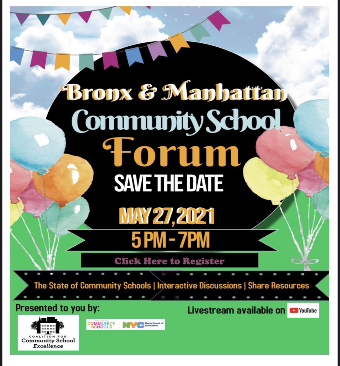 Annie E. Minguez (@annieeminguez) on Twitter photo Join <a href="/CoalitionforCo2/">Coalition for Community Schools Excellence</a> <a href="/NYCSchools/">NYC Public Schools</a> #CommunitySchools directors, youth, school educators and other community stakeholders for the Bronx and Manhattan #CommunitySchoolsForum
May 27 from 5:00PM to 7:00PM
RSVP: us02web.zoom.us/meeting/regist… Join <a href="/CoalitionforCo2/">Coalition for Community Schools Excellence</a> <a href="/NYCSchools/">NYC Public Schools</a> #CommunitySchools directors, youth, school educators and other community stakeholders for the Bronx and Manhattan #CommunitySchoolsForum
May 27 from 5:00PM to 7:00PM
RSVP: us02web.zoom.us/meeting/regist…