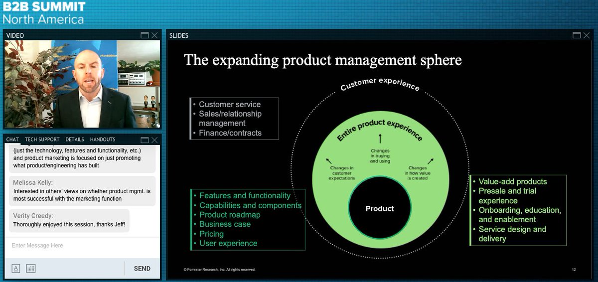 Winning organizations have #prodmgmt teams with a broad view of the entire product experience, and they leverage elements beyond the product to create value for buyers and users. It’s not enough to just focus on the product anymore. <a href="/jlash/">Jackson Lasher</a> #ForrB2BSummit