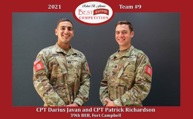 MSCoECG's tweet image. Winning spirit is real for 2021 BEST SAPPER competition winners CPT Darius Javan and CPT Patrick Richardson from 39th BEB at @FortCampbell! Congratulations! Essayons! #SLTW #WinningMatters @USAESHQ @TRADOC @USArmy @PaulFunk2 @TRADOCCSM @SapperCSM @XXIV3dRCSM