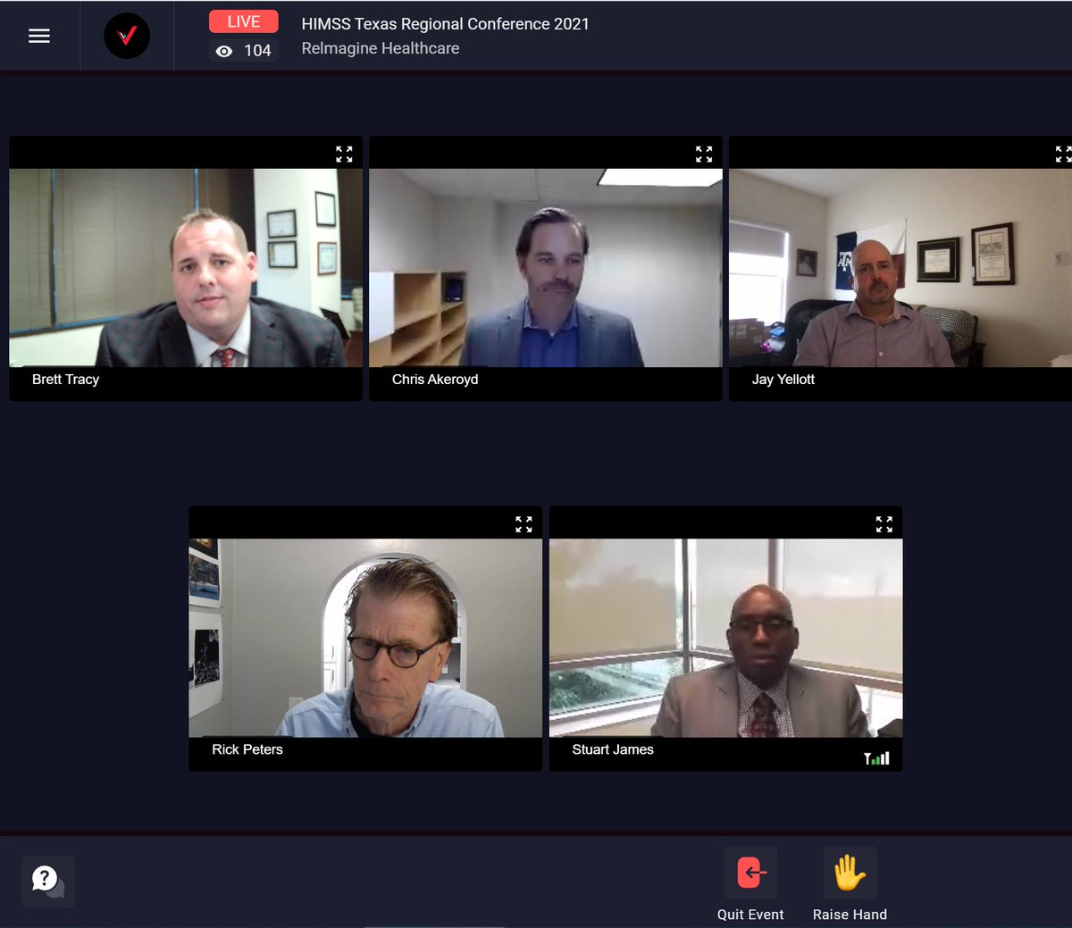 Texas Regional HIMSS (@texashimss) on Twitter photo These guys put the PRO in today's "Process" panel! Chris Akeroyd from <a href="/childrens/">Children's Health</a>, <a href="/bretttracy/">Brett Tracy</a> with <a href="/CarilionClinic/">Carilion Clinic</a>, Stuart James with <a href="/CHRISTUSHealth/">CHRISTUS Health</a> and Jay Yellott from <a href="/bswhealth/">Baylor Scott & White Health</a> chat with Rick Peters from <a href="/DellMedSchool/">Dell Medical School</a> about lessons learned and improvement opportunities. These guys put the PRO in today's "Process" panel! Chris Akeroyd from <a href="/childrens/">Children's Health</a>, <a href="/bretttracy/">Brett Tracy</a> with <a href="/CarilionClinic/">Carilion Clinic</a>, Stuart James with <a href="/CHRISTUSHealth/">CHRISTUS Health</a> and Jay Yellott from <a href="/bswhealth/">Baylor Scott & White Health</a> chat with Rick Peters from <a href="/DellMedSchool/">Dell Medical School</a> about lessons learned and improvement opportunities.