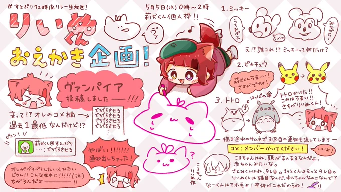 遅れましておつりーぬでした!!!❤
おえかき企画たのしかったです( ˊᵕˋ* )♩
いろいろ事件ありましたけど忘れました⭐️
次の枠もたのしみにしてます🙌🏻🐶💕

#莉犬くん #りいぬぎゃらりー 
#すとぷり72時間リレー生放送 