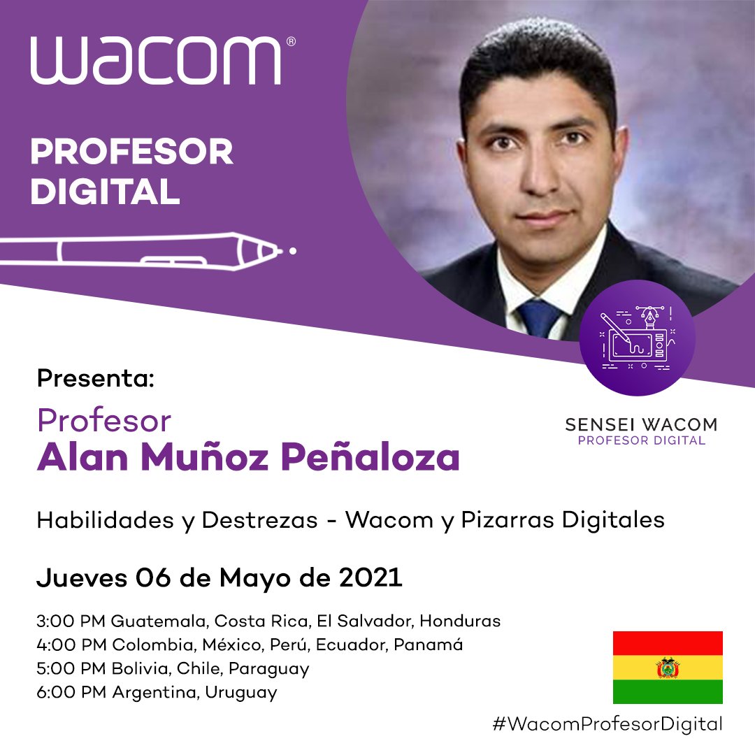 Actualiza tus métodos y herramientas de enseñanza digital con el webinar Habilidades y Destrezas - Wacom y Pizarras Digitales, por el Prof. Alan Muñoz Peñaloza
Regístrate: bit.ly/3b0vlxN
Jueves 6 de Mayo
3:00 PM GT, CR
4:00 PM COL, MEX, PE, EC
5:00 PM CL
6:00 PM ARG