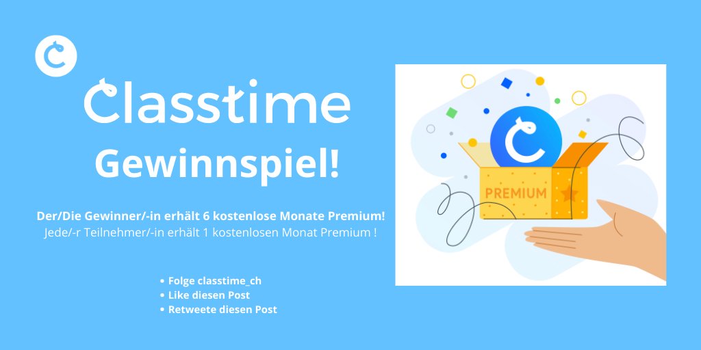 Gewinnt 6 Monate Classtime Premium mit unserem Gewinnspiel!
Alles, was ihr dafür machen müsst:
- classtime_ch auf Twitter folgen
- Diesen Post liken
- Diesen Post retweeten
Jede/-r Teilnehmer/-in erhält automatisch 1 Monat Premium gratis!

Viel Glück!
#twitterlehrerzimmer #twlz