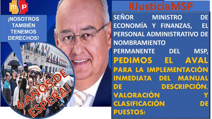 ERIYACQUE's tweet photo. #JusticiaMSP | @MauricioPozoEC, @CamiloSalinasOF, @andresisch, @LassoGuillermo 6 años de marginación salarial no lo aguantamos más, queremos justicia, demandamos el aval de parte del Ministerio de Economía y Finanzas para la implementación del Manual de Valoración  de Puestos https://t.co/vhqZEYYWc2
