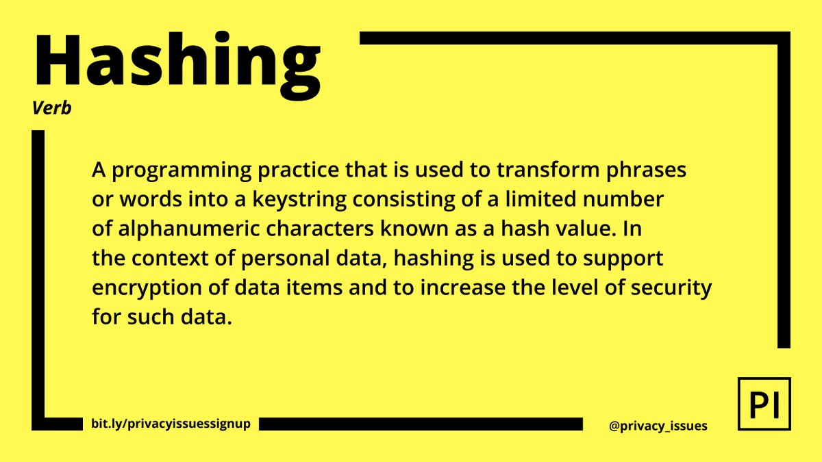 privacy_issues's tweet image. Today is Tuesday and our #GlossaryPI term is #hashing. It is a common method to mask data for #pseudonymisation and #anonymisation measures. 

Share our terms to help us raise #privacy awareness. #SharingIsCaring