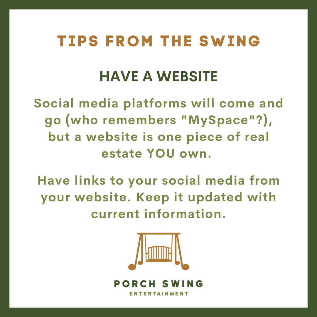 porchswingent's tweet photo. A website is an important part of your toolkit as an artist. It provides a permanent landing page for fans and collaborators to find your music and connect with you.
#HaveAWebsite #TipsFromTheSwing #TipTuesday https://t.co/z4dGdQXs2y