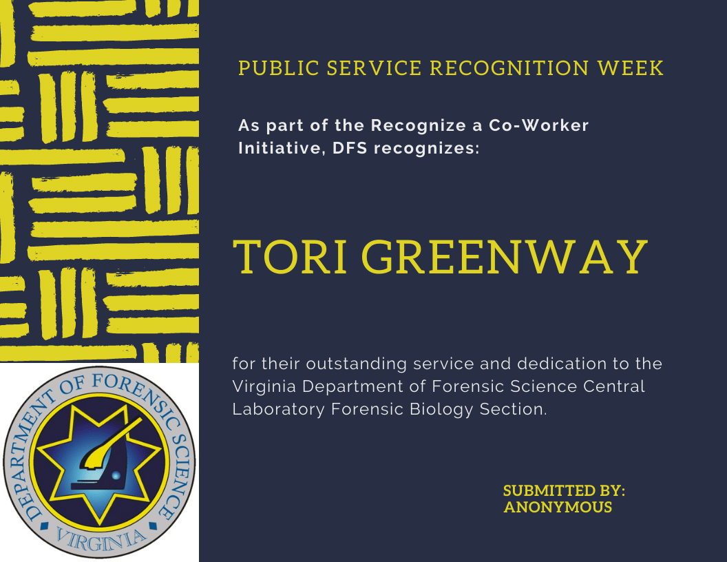 VAForensicSci's tweet photo. Tori has fielded orders, robot handling days &amp; evidence transfers as the only lab specialist for a few months, all in the midst of a pandemic plastics shortage. Her willingness to help examiners despite all she has going on is a testament to her dedication! #psrw #appreciation https://t.co/ov9qeaiMWB