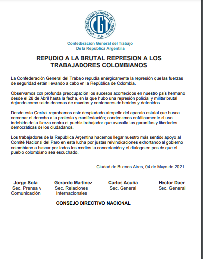 Comunicado de la @CGT_Oficial #Argentina sobre los hechos violentos ocurridos en Colombia.