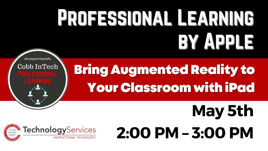 CobbInTech's tweet photo. Are you a fan of augmented reality? Are you looking for fun ways to bring AR into learning? Join #CobbInTech and 
@AppleEDU today at 2 PM for our next learning with iPads session! Find the meeting link on our #CobbInTech SharePoint site! https://t.co/4BofGEK8ci  #CobbDigiLearn https://t.co/5SQkDX8e77