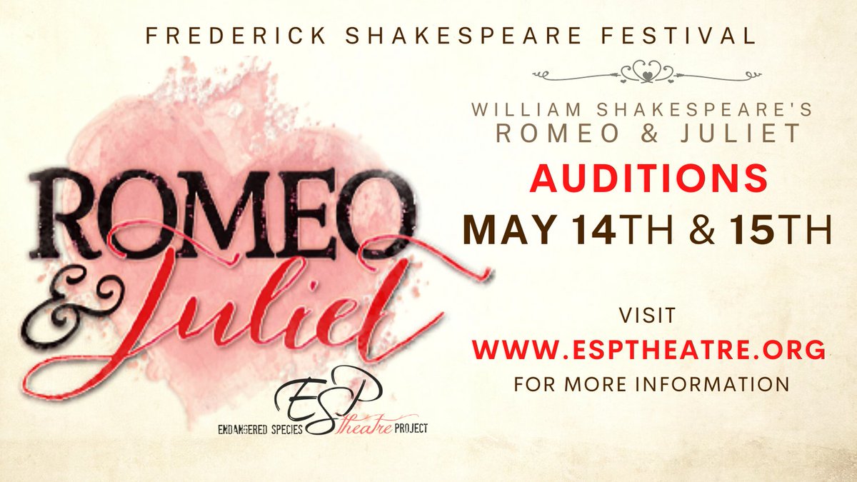 Hey Actors! We are holding auditions for Romeo &amp; Juliet - performing outdoors this August as part of the Frederick Shakespeare Festival- Audition info can be found under the “Auditions” tab on our website:
esptheatre.org/about-7

#RomeoAndJuliet