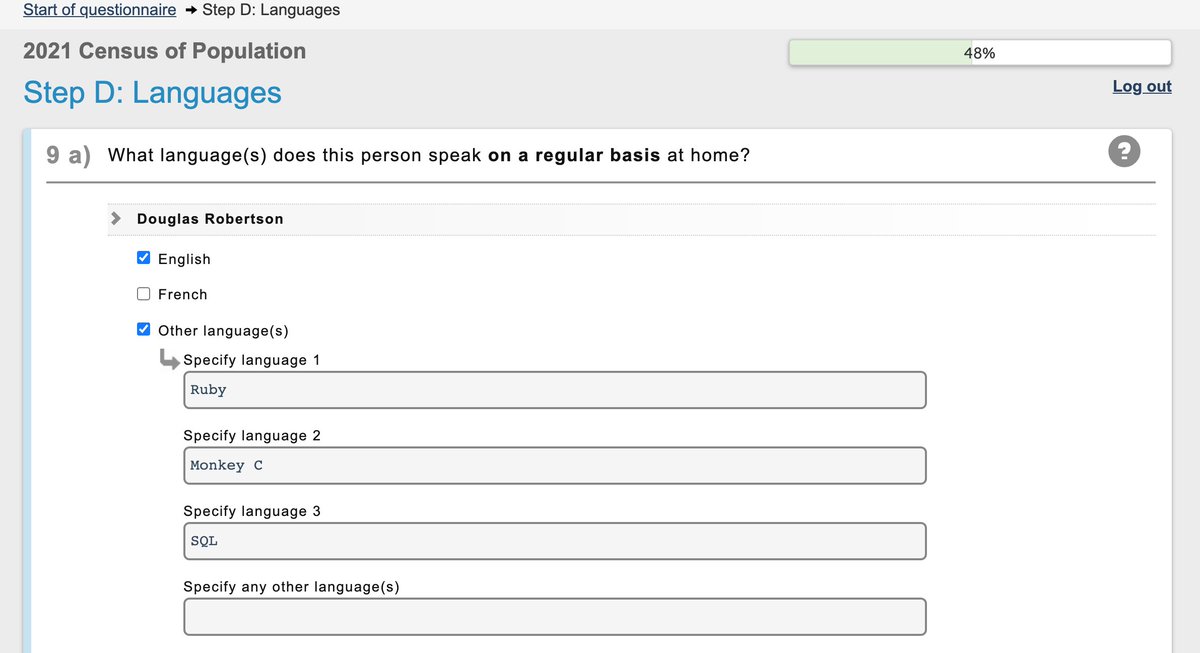 douglasr's tweet photo. I'm filling out the 2021 @canada census. When they ask about languages the government wants us to include programming stuff, right?
cc: @CIQMonkeyC https://t.co/kxL63RMWbH