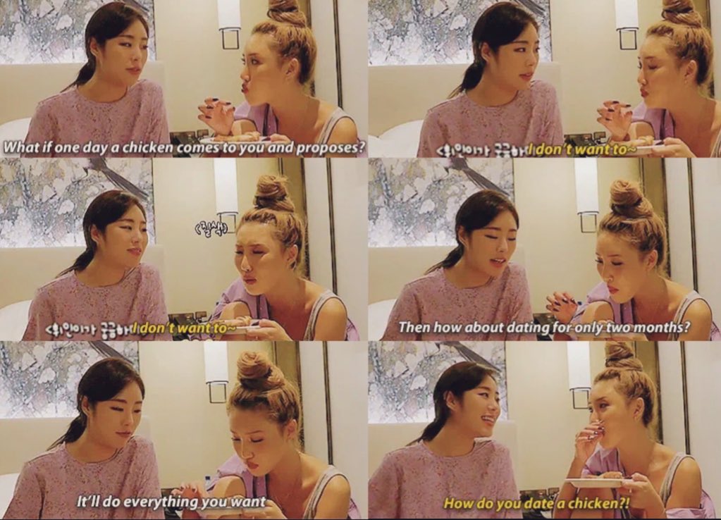 WHEEPTUNE's tweet photo. remember when wheein spent thirty minutes trying to convince hwasa to date a chicken? https://t.co/emSEuMPE82