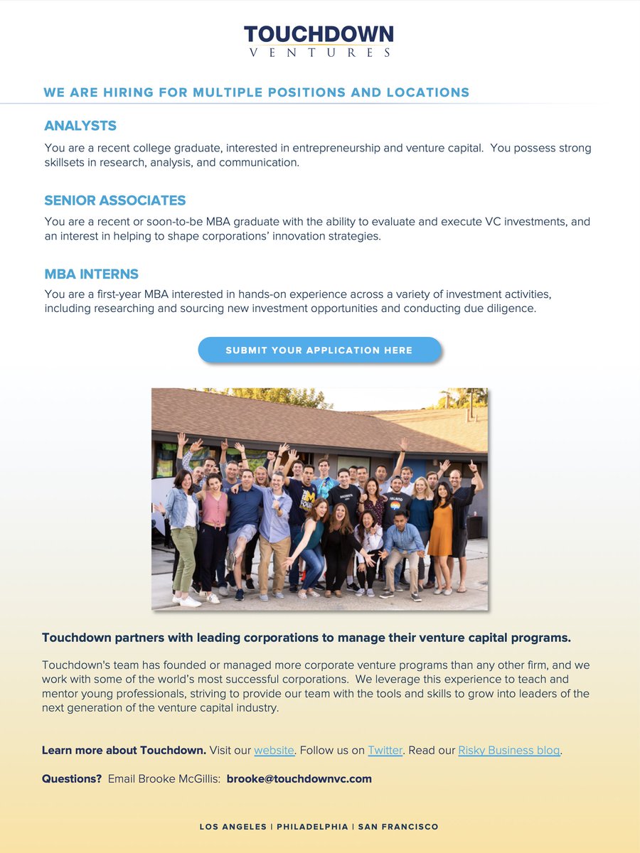 Our firm <a href="/touchdown_vc/">Touchdown Ventures</a>  is hiring for multiple roles in multiple locations - please pass this along to anyone interested in joining our growing venture capital team. Thank you!

More information can be found here: touchdownvc.com/talent/