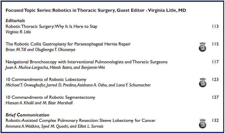 Really excellent Focused Topic Series on "Robotic Thoracic Surgery". 
Great resource for trainees and anyone embarking on robotics.
Honored to contribute. Thanks <a href="/vlitlemd/">virginia litle</a> &amp; <a href="/Innovationsjour/">Innovations Journal</a>.
#tssmn <a href="/ThoracicStudent/">TSMA</a> <a href="/TSRA_official/">TSRA</a> #SoMe4Surgery