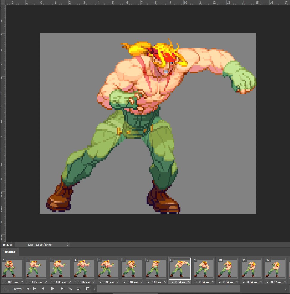 The next frame is the most important keyframe. This is the attack at full extension. Remember the previous frame was 0.02 seconds. This one is held twice as long at 0.04 seconds (1/25th second) giving the viewer enough time to register it! #SF3  #GameDev  #PixelArt