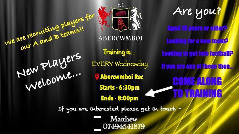 🗣 NEW PLAYERS WANTED 

Are you? 
🟡 16 years old or over? 
⚫️ Intrested in playing football and making new friends? 
🟡 Looking for a new challenge? 

We are looking for players for both our A and B teams 🙌🏻 

If you are interested please get in touch 📱

#UppaBoi 🟡⚫️