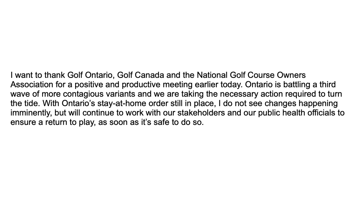 Ontario golf update: After Monday's meeting between golf's stakeholders in the province and <a href="/MacLeodLisa/">Lisa MacLeod</a>, I asked the Minister if she could provide an update. Here's what I was provided #onpoli