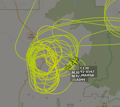 ameliairheart's tweet photo. USFS and USAF aircraft making patterns over Angeles Forest Highway, CA. N147Z is running a "LEAD" callsign, thus it is acting in it's capacity as a USFS lead aircraft (https://t.co/alTHtvmiT2). I wonder what the C-130H is up to. #ADSB #A0BEF0 #ADFE82 https://t.co/waoZJ65Ohl
