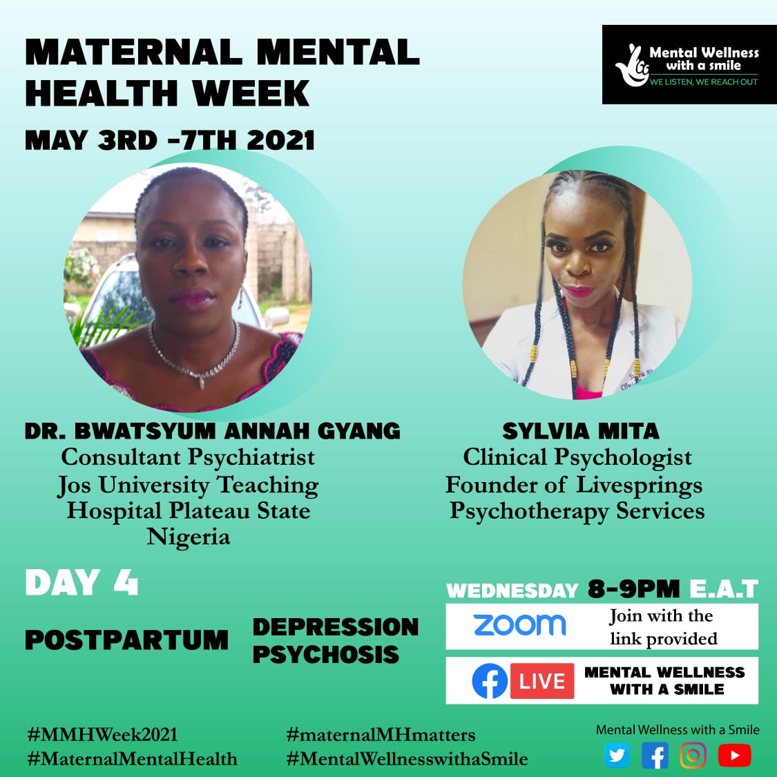 MENTAL WELLNESS WITH A SMILE is inviting you to a scheduled Zoom meeting.
Topic: POSTPARTUM DEPRESSION AND PSYCHOSIS
Time: May 5, 2021 08:00 PM Nairobi
us02web.zoom.us/j/86495430151?…
Meeting ID: 864 9543 0151
Passcode: 554150
#MMHWeek2021
#maternalMHmatters
#MaternalMentalHealth