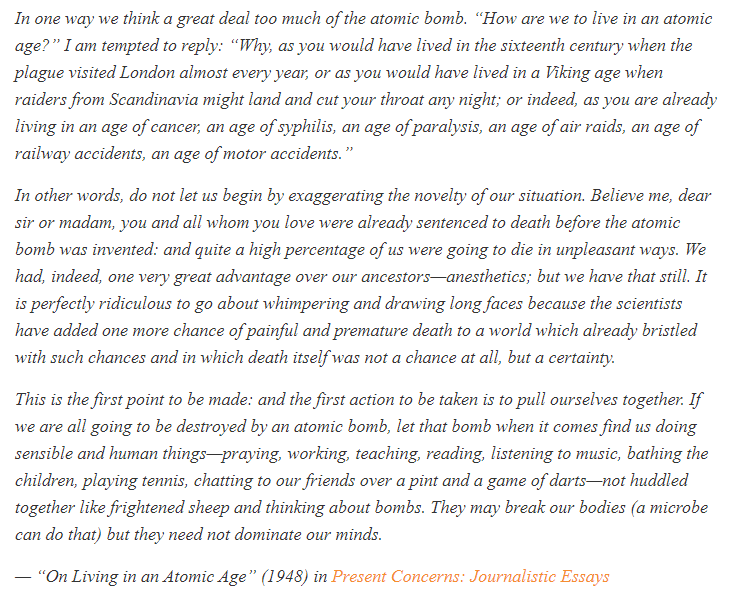 SethDillon's tweet photo. Listen to this man. This is C.S Lewis on how new ways to die shouldn't change the way we live: https://t.co/9IPBBhjXx0