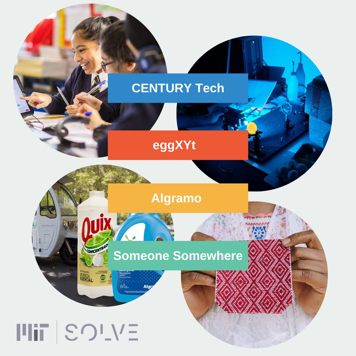 AndreaSnyder's tweet photo. MIT Solve just announced 4 new investments in Solver teams through Solve Innovation Future, @SolveMIT's philanthropic venture vehicle structured as a DAF. 
Congrats to the teams! @eggXYt, @ThisIsCentury, @AlgramoUS, and @WearThePurpose   https://t.co/uAxLyJxlof https://t.co/u59N3qgkhk
