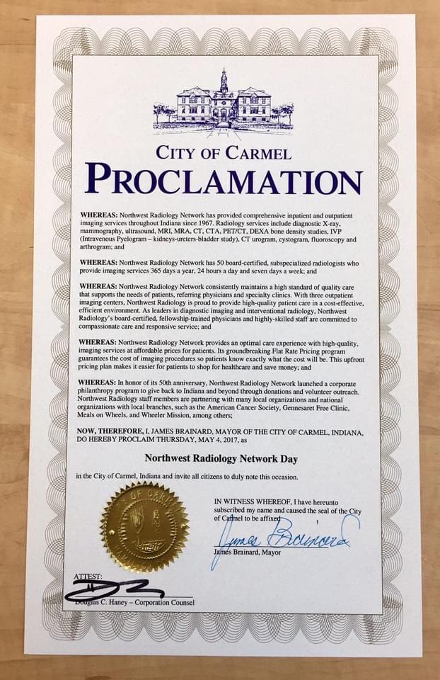 Northwest Radiology (@nwr_indiana) on Twitter photo In 2017, Mayor of Indianapolis, Joe Hogsett, and Mayor of Carmel, Jim Brainard, proclaimed May 4th "Northwest Radiology Network Day" in honor of Northwest Radiology Network's 50th Anniversary! π<a href="/IndyMayorJoe/">Mayor Joe Hogsett</a> <a href="/jimbrainard/">Jim Brainard</a> In 2017, Mayor of Indianapolis, Joe Hogsett, and Mayor of Carmel, Jim Brainard, proclaimed May 4th "Northwest Radiology Network Day" in honor of Northwest Radiology Network's 50th Anniversary! π<a href="/IndyMayorJoe/">Mayor Joe Hogsett</a> <a href="/jimbrainard/">Jim Brainard</a>