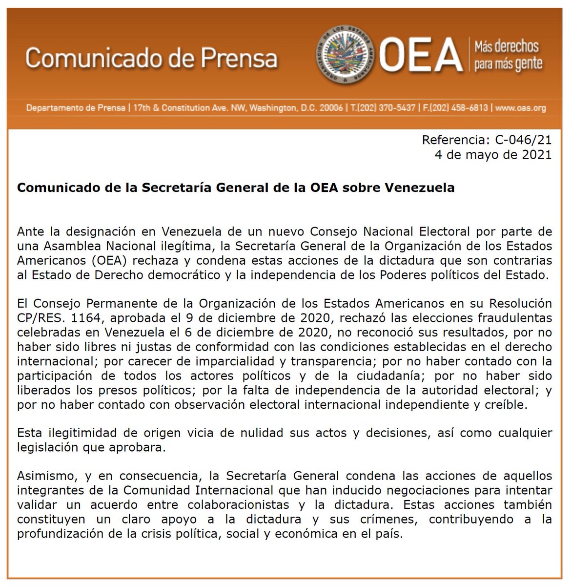 Almagro_OEA2015's tweet image. Comunicado de la Secretaría General de la OEA sobre #Venezuela. #OEAconVzla 

bit.ly/3aYHMdp