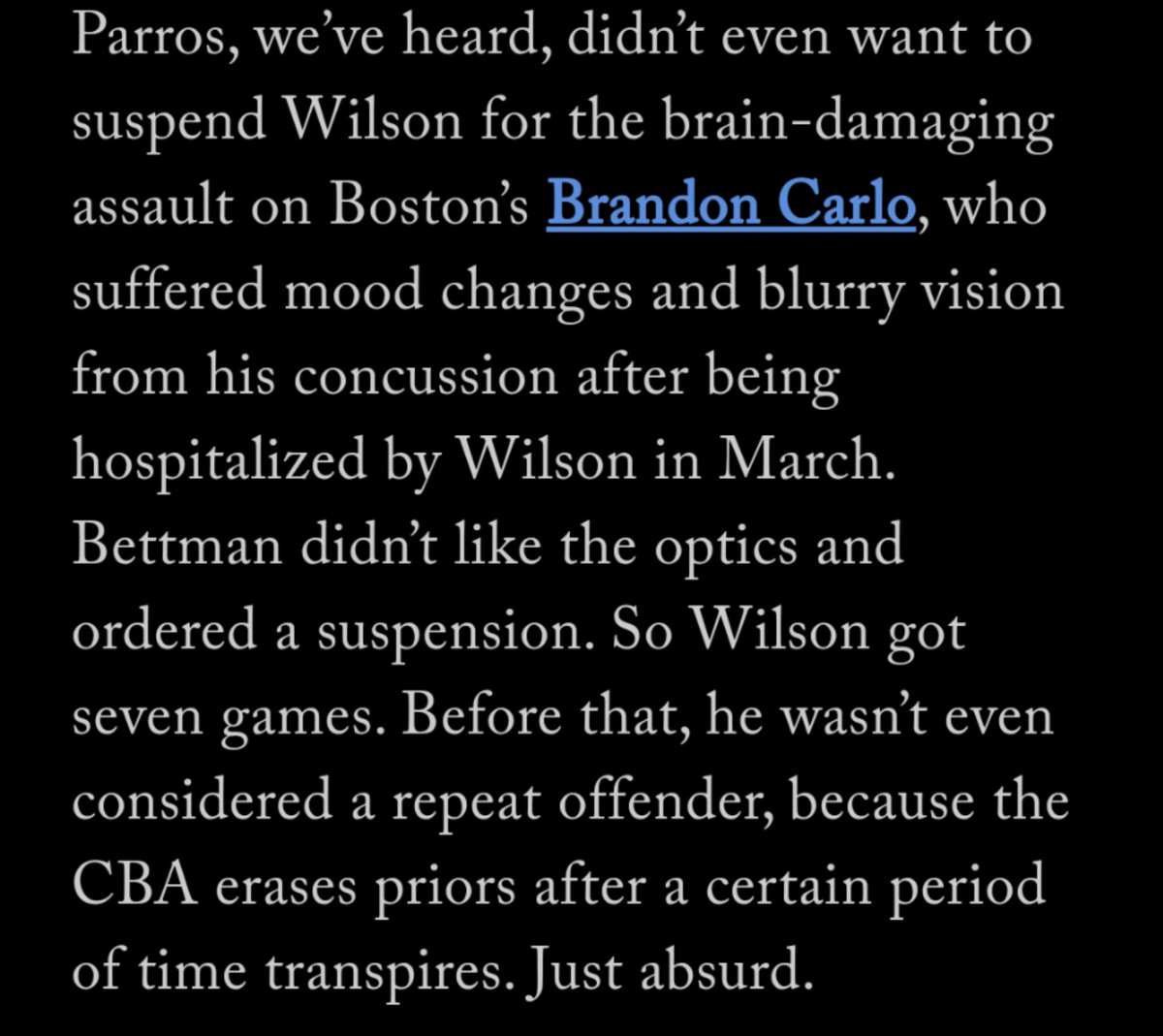 Account4hockey's tweet image. Wow Carpiniello reporting Parros didn't want to suspend Wilson for the Brandon Carlo hit which has caused Carlo to miss 2 months and counting with a concussion