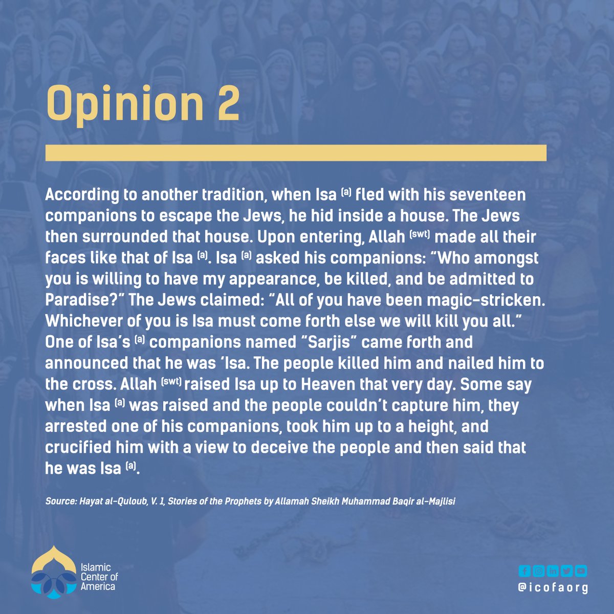 icofaorg's tweet image. | 21 Ramadan |

So, what really happened to Prophet Isa (a)? When Prophet Isa (a) was attacked, Allah (swt) raised him to Heaven.

For more information: bit.ly/3uga1Mi

#occasionpost #jesus #prophetisa #monthoframadan #ramadan #monthsoflight #islam #shia #doctrine #icofa