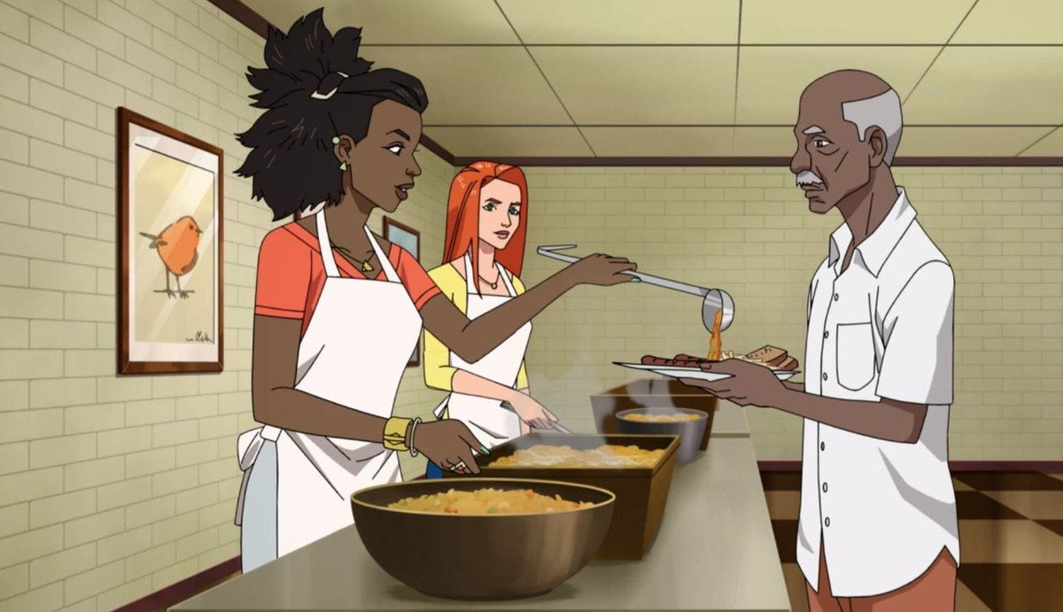 Amber and Eve working at a soup kitchen, Amber is ladling soup into an elde...