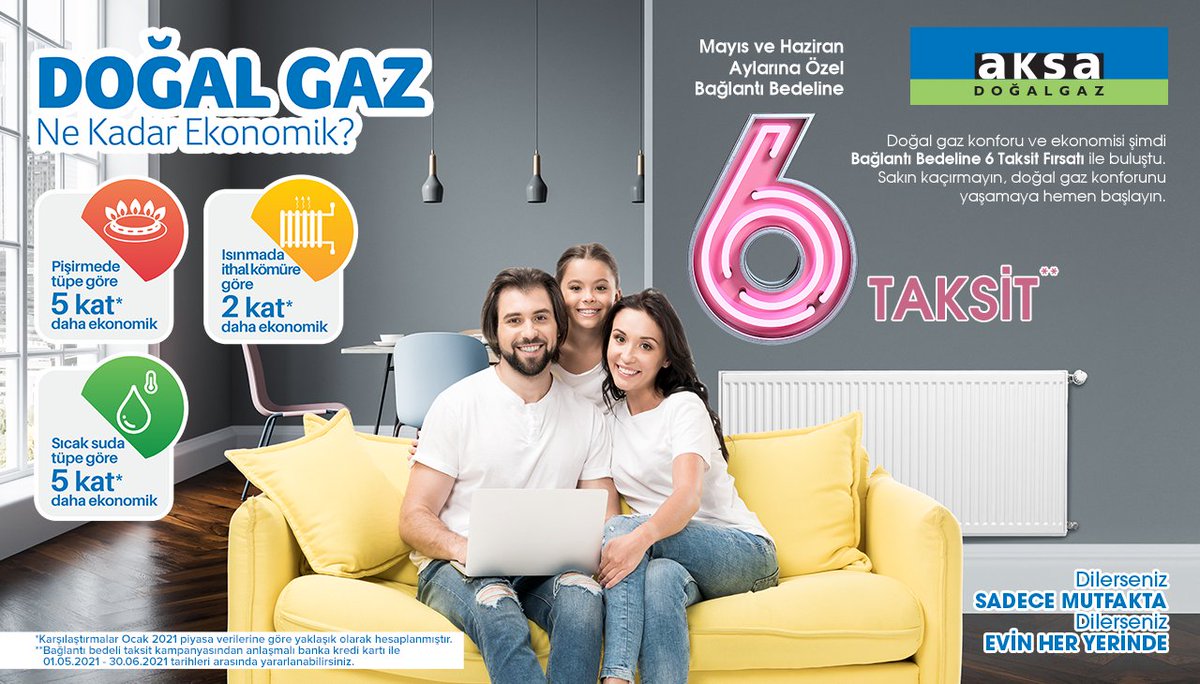 Doğal gaza geçmek için birçok neden var!
Üstelik #Mayıs ve #Haziran ayları boyunca #doğalgaz konforu Bağlantı Bedeline 6 Taksit kolaylığıyla! 
Detaylı bilgi için; bit.ly/3ejGige