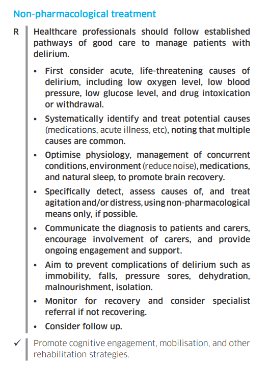⚡ SIGN Guidelines on #Delirium = one of the few recent comprehensive guidelines in the field globally. 🆗 Here is the section on #delirium treatment. Quick reference guide (free): 🔗 sign.ac.uk/media/1425/sig…