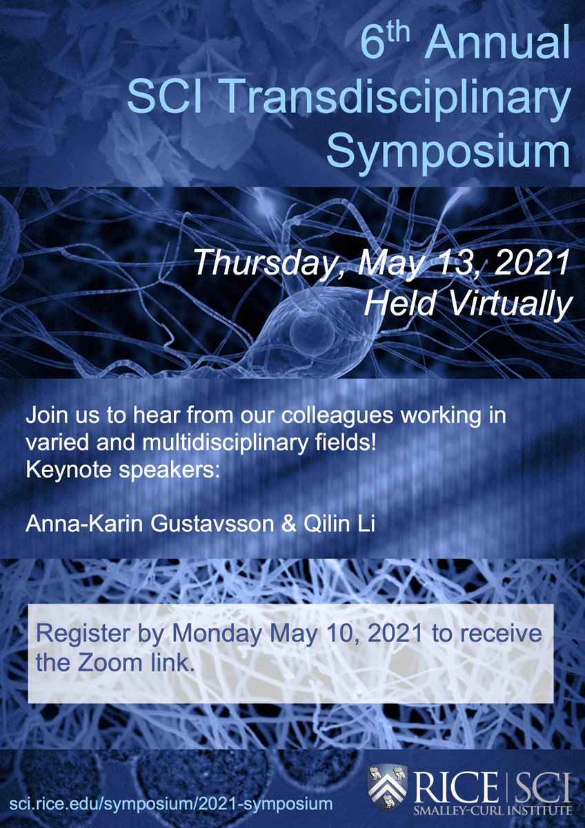 SCI (@smalleycurl) on Twitter photo TODAY is the abstract submission deadline for the Smalley-Curl Institute's 6th Annual Transdisciplinary Symposium! More information and registration details can be found at sci.rice.edu/symposium/2021ā¦
<a href="/app_rice/">Rice Applied Physics Program</a> TODAY is the abstract submission deadline for the Smalley-Curl Institute's 6th Annual Transdisciplinary Symposium! More information and registration details can be found at sci.rice.edu/symposium/2021ā¦
<a href="/app_rice/">Rice Applied Physics Program</a>