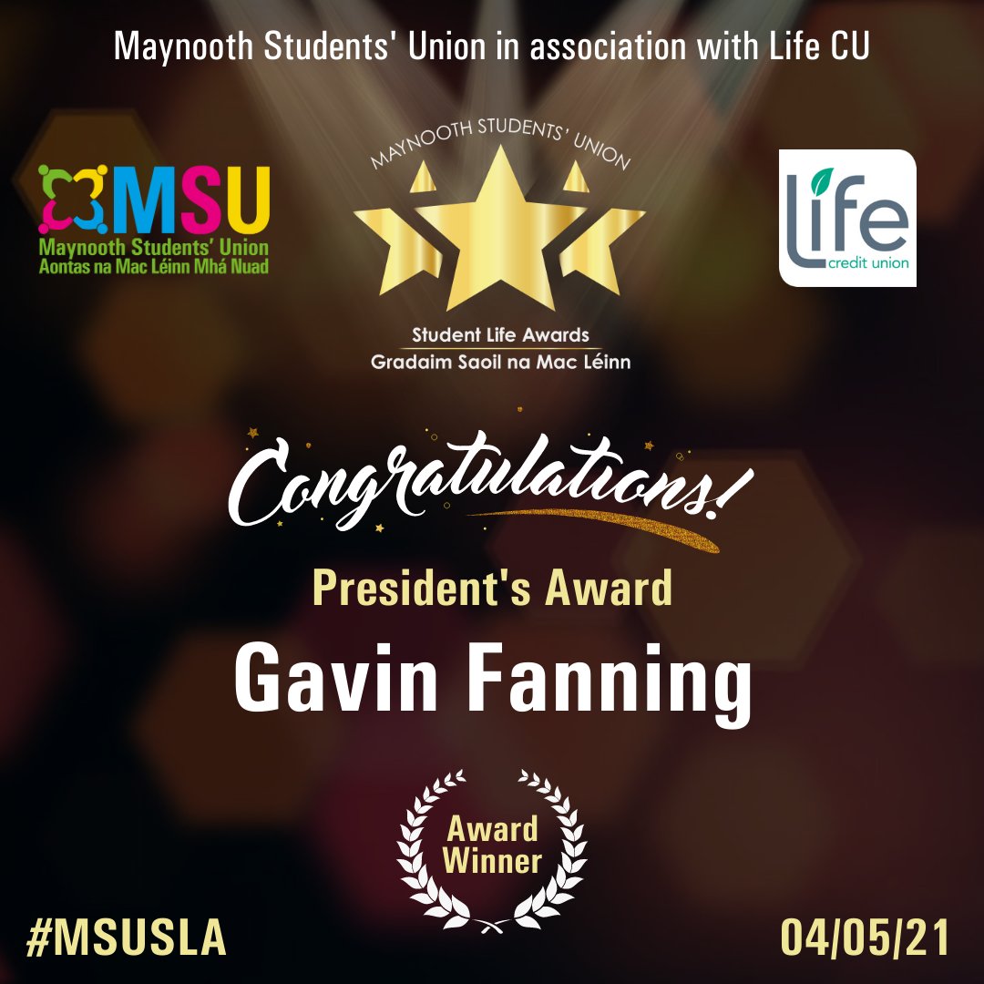 maynoothsu's tweet photo. 🏆 Congratulations Gavin Fanning! Winner of the third President's Award! #MSUSLA with @LifeCU_Ireland https://t.co/mfDlp5ejHy