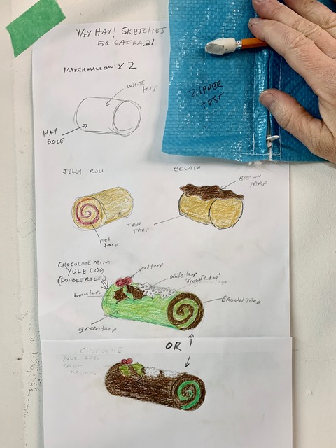Something delicious is coming to Kitchener this summer for CAFKA.21. Here is some "research" &amp; sketches for YAY HAY! by Ottawa based artist Karina Bergmans. YAY HAY! will be a series of tarp covered round bales dressed up to look like jelly rolls and other sweet cakes.  #CAFKA21