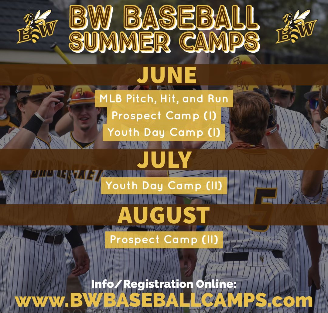 BWUBaseball's tweet image. 🚨Summer Camps🚨

Tons of events going on this summer at Fisher Field for boys &amp;amp; girls of all ages. Including a FREE youth camp June 2nd to get things started! 

More info &amp;amp; registration below: 
🔗 bwbaseballcamps.com