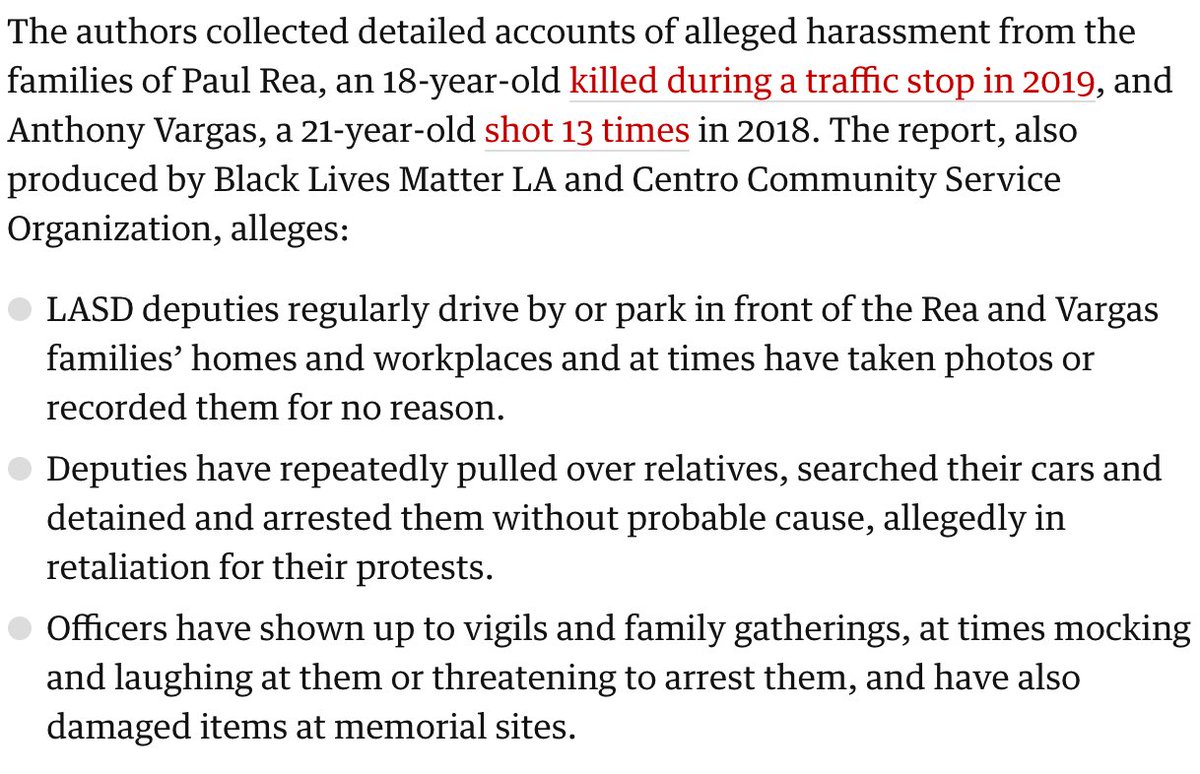 The families of Paul Rea, 18-year-old killed during a traffic stop, and Anthony Vargas, 21-year-old shot 13 times, describe constant harassment by LASD deputies when gathering to grieve and honor their loved ones -- mocking, taunting, threats, stops + searches, arrests + more: