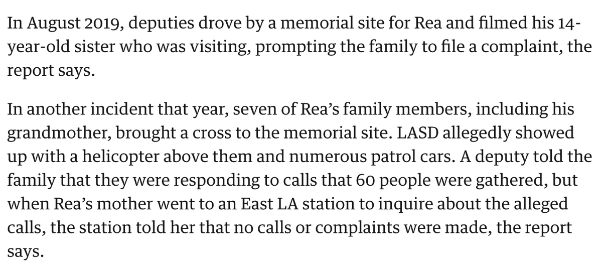 LASD has driven by the Paul Rea memorial and filmed his 14-year-old sister, according to the report. At one point LASD responded with helicopters and patrol cars when seven family members, including Paul's grandma, were visiting the memorial to drop off a cross:
