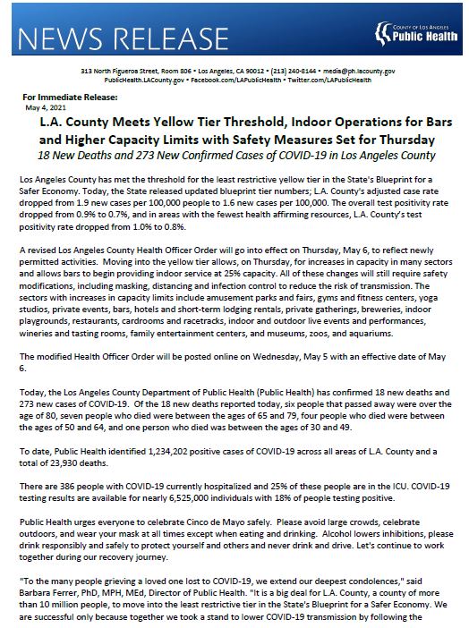 La Public Health On Twitter L A County Meets Yellow Tier Threshold Indoor Operations For Bars And Higher Capacity Limits With Safety Measures Set For Thursday 18 New Deaths And 273 New Confirmed