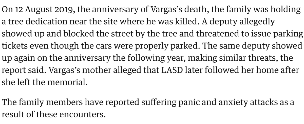 The same deputy has shown up twice on the family gatherings for anniversary of Anthony Vargas's death, both times threatening to issue parking tickets despite them not illegally parking, the report says. Anthony's mom said she was followed home by LASD after one memorial visit.