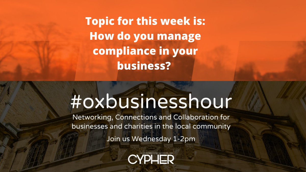 Topic 5th May 2021 is: How do you manage compliance in your business? @ViafutureOxford <a href="/PrestigeToilet/">Prestige Toilet & Shower Hire</a> <a href="/DbxUK/">Databasix</a> <a href="/LockforceOxford/">Lockforce Oxford</a> <a href="/FamilyJpriest/">JPriest&Family</a> <a href="/AdySuter/">Ady Suter</a> <a href="/MikeFozOxford/">Mike Foster 🔸The Entrepreneurs Mentor🔸</a> <a href="/cavershammktg/">James Bennett</a> <a href="/OPSBOXGroup1/">OPS-BOX</a> <a href="/LivesOxford/">Oxford Lives</a> <a href="/AccountancyPart/">The Accountancy Partnership</a> <a href="/AdvanceWellUK/">Marie Jenkins</a> #oxbusinesshour