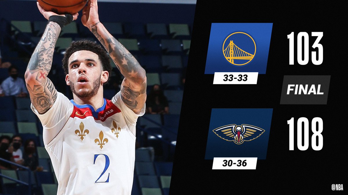 NBA's tweet photo. Lonzo Ball ties his career high with 33 PTS and knocks down the go-ahead jumper late for the @PelicansNBA!

Zion Williamson: 23 PTS, 12 REB, 7 AST
Steph Curry: 37 PTS, 9 REB, 3 STL, 8 3PM https://t.co/EicSkd8wqb