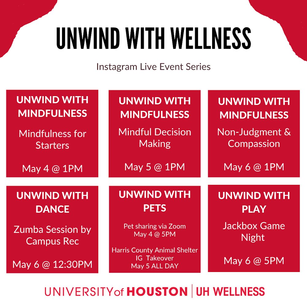 Looking for ways to unwind during finals? <a href="/wellnessuh/">UH Wellness</a> got you! Check out some of these events happening THIS WEEK via zoom, check out their page for more info!