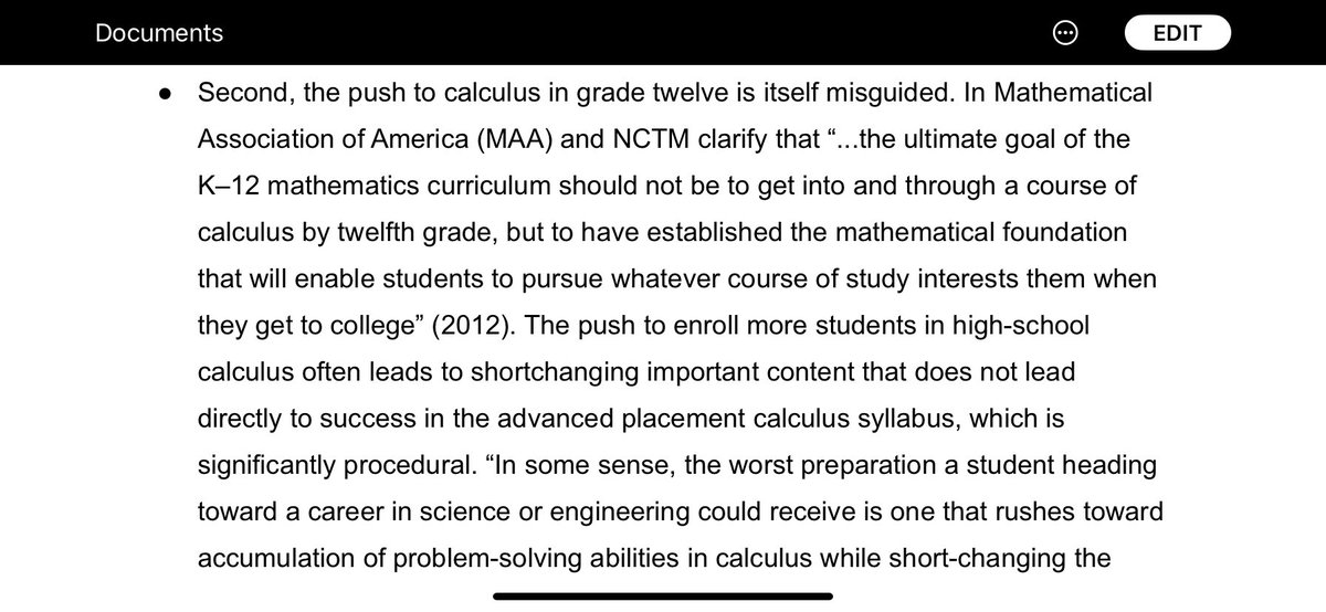Right after saying Calculus should not be a goal, the framework waves a wand to declare that an entire year of pre-calculus students currently take is not actually necessary for calculus.Then immediately repeats that “the push to Calculus in grade twelve is itself misguided”