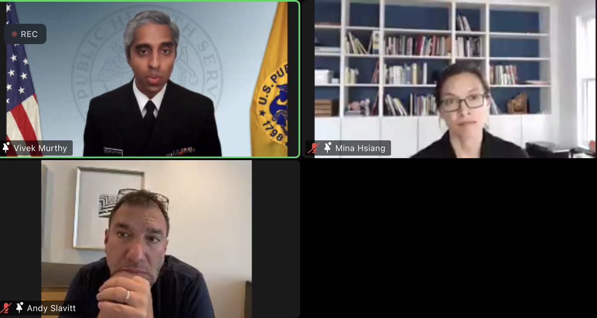 Covid-19 Community Corps Zoom with @Surgeon_General Dr. @vivek_murthy, Senior Adviser for White House COVID-19 Response @ASlavitt, & Senior Adviser for Tech & Delivery @mina_hsiang. ANYONE can begin the vaccine process by texting their zip code to GetVax4️⃣3️⃣8️⃣8️⃣2️⃣9️⃣
#WeCanDoThis