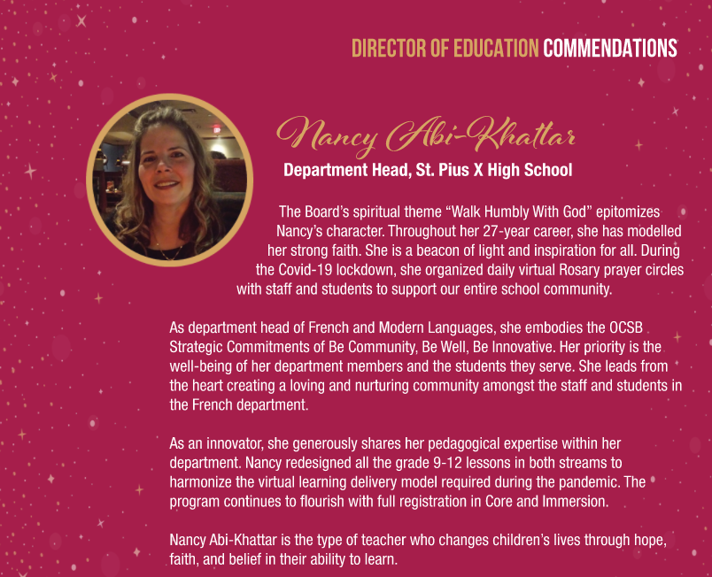 StPiusXOCSB's tweet photo. So proud of our very own Mme Abi-Khattar, for receiving the Director of Education Commendation Award this evening!  You're an inspiration to all of us! #ocsbHope #BeOCSB #EstablishPius @nabikhattar https://t.co/ICOrM6bs3l