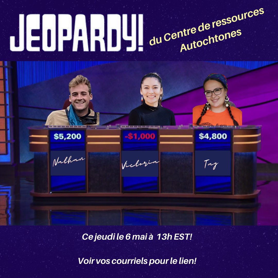 Join us this Thursday, May 6th at 1pm EST for a special edition of Soup &amp; Bannock!  Check your emails for the link 🏆

Veuillez nous joindre ce jeudi le 6 mai à 13h HNE pour une édition spéciale de Soupe et bannock! Voir votre courriel pour le lien  🏆