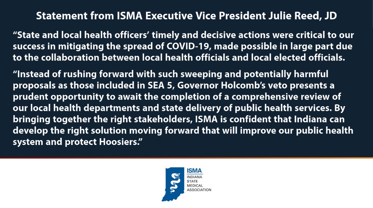 TheISMA's tweet photo. Read ISMA’s statement on Gov. Holcomb’s veto of SEA 5 regarding the authority of local health departments during a public health emergency. https://t.co/4ezEiaZ3Su