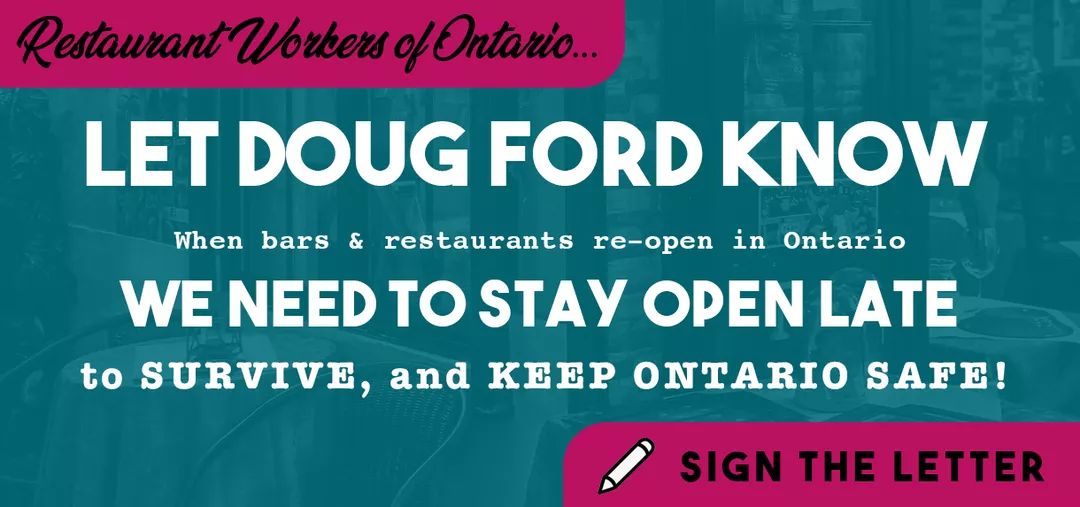 The Ontario restaurant industry has to let <a href="/fordnation/">Doug Ford</a> know that restaurants NEED to stay open late when we re-open. 9pm last call is unsafe for Ontario and sets us up for failure. SIGN THE LETTER: lastcallontario.ca and SHARE!