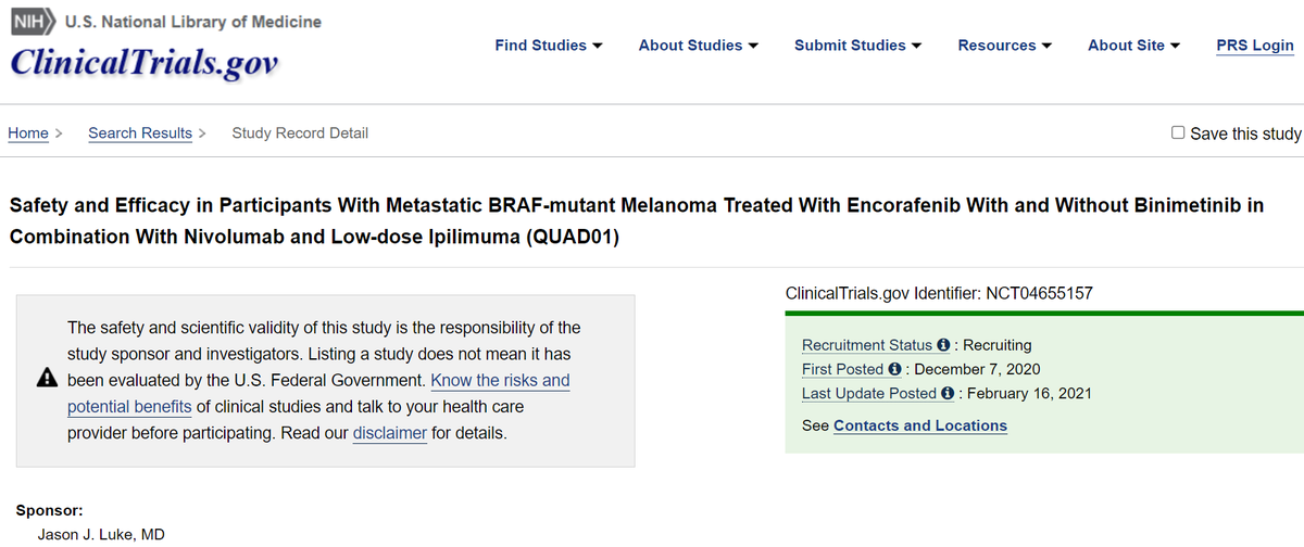Jason Luke, MD, FACP (@jasonlukemd) on Twitter photo <a href="/DrPaulyDeSantis/">Dr. Paul De Santis, PharmD</a> <a href="/ASCO_pubs/">ASCO Publications</a> <a href="/DanielOlsonMD/">Dan Olson</a> <a href="/Merck/">Merck</a> <a href="/NCCN/">National Comprehensive Cancer Network (NCCN)</a> <a href="/UPMCHillmanCC/">UPMC Hillman Cancer Center</a> <a href="/MoffittNews/">Moffitt Cancer Center</a> <a href="/UCCancerCenter/">UChicagoCancerCenter</a> <a href="/MelanomaReAlli/">Melanoma Research</a> <a href="/CureMelanoma/">Melanoma Research Foundation</a> <a href="/MelanomaNetwork/">Melanoma Network</a> <a href="/MelanomaAction/">MAC - Melanoma Action Coalition</a> <a href="/MelanomaUK/">Deborah Thomassen</a> <a href="/saveyourskinfdn/">Save Your Skin Foundation</a> <a href="/PittDeptofMed/">PittDeptofMed</a> These data suggest PD1+CTLA4 should be SOC in 1st or 2nd line & also seems to suggest PD1 + low dose ipi as a strong backbone for novel combos - LAG3? BRAF-MEK in high risk disease? <a href="/MaxJLee/">Max JL</a>
clinicaltrials.gov/ct2/show/NCT04… <a href="/DrPaulyDeSantis/">Dr. Paul De Santis, PharmD</a> <a href="/ASCO_pubs/">ASCO Publications</a> <a href="/DanielOlsonMD/">Dan Olson</a> <a href="/Merck/">Merck</a> <a href="/NCCN/">National Comprehensive Cancer Network (NCCN)</a> <a href="/UPMCHillmanCC/">UPMC Hillman Cancer Center</a> <a href="/MoffittNews/">Moffitt Cancer Center</a> <a href="/UCCancerCenter/">UChicagoCancerCenter</a> <a href="/MelanomaReAlli/">Melanoma Research</a> <a href="/CureMelanoma/">Melanoma Research Foundation</a> <a href="/MelanomaNetwork/">Melanoma Network</a> <a href="/MelanomaAction/">MAC - Melanoma Action Coalition</a> <a href="/MelanomaUK/">Deborah Thomassen</a> <a href="/saveyourskinfdn/">Save Your Skin Foundation</a> <a href="/PittDeptofMed/">PittDeptofMed</a> These data suggest PD1+CTLA4 should be SOC in 1st or 2nd line & also seems to suggest PD1 + low dose ipi as a strong backbone for novel combos - LAG3? BRAF-MEK in high risk disease? <a href="/MaxJLee/">Max JL</a>
clinicaltrials.gov/ct2/show/NCT04…